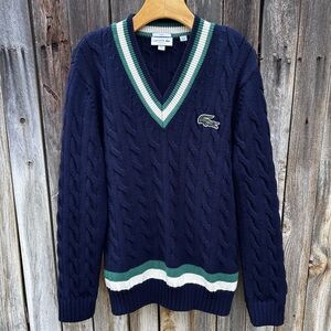 Lacoste Unisex Striped Wool Cable Knit Tennis Sweater Navy Blue Green White XL